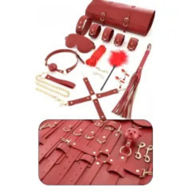 11-Piece Premium Wine Red Bondage Set – PU Leather BDSM Kit with Organizer Pouch