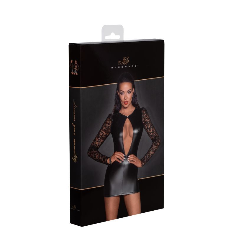 Power Wetlook Short Dress w Lace Sleeves-F253-BLK-S
