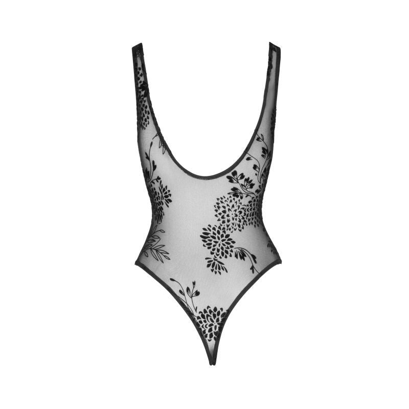 Tulle Bodysuit w Patterned Flock Embroidery-F242-BLK-S