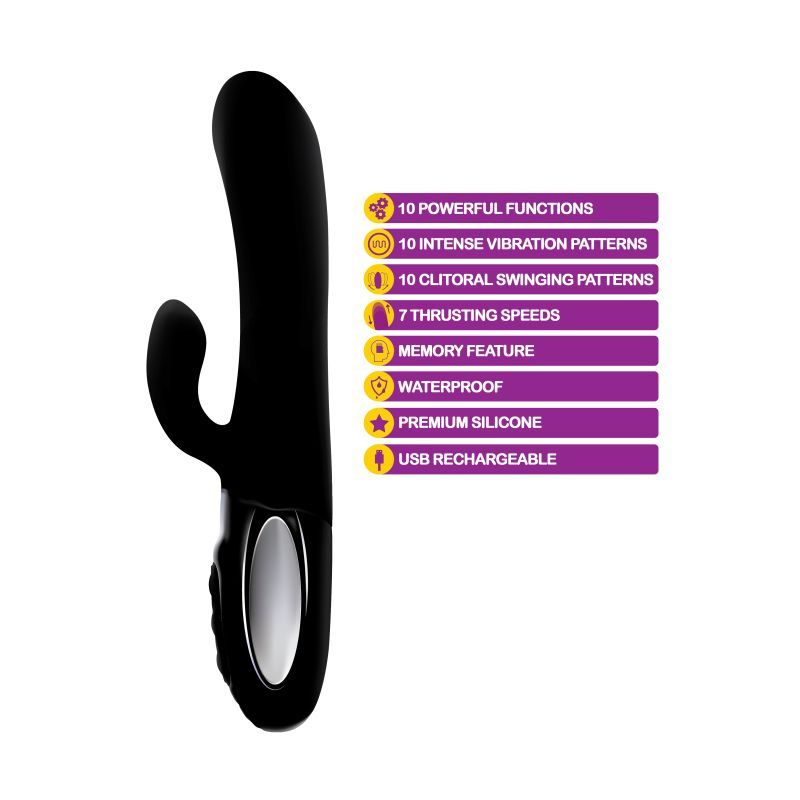 Viben Hypnotic Thrusting Rabbit Vibe w Swinging Clit Stim Black-VB-66108-BLK