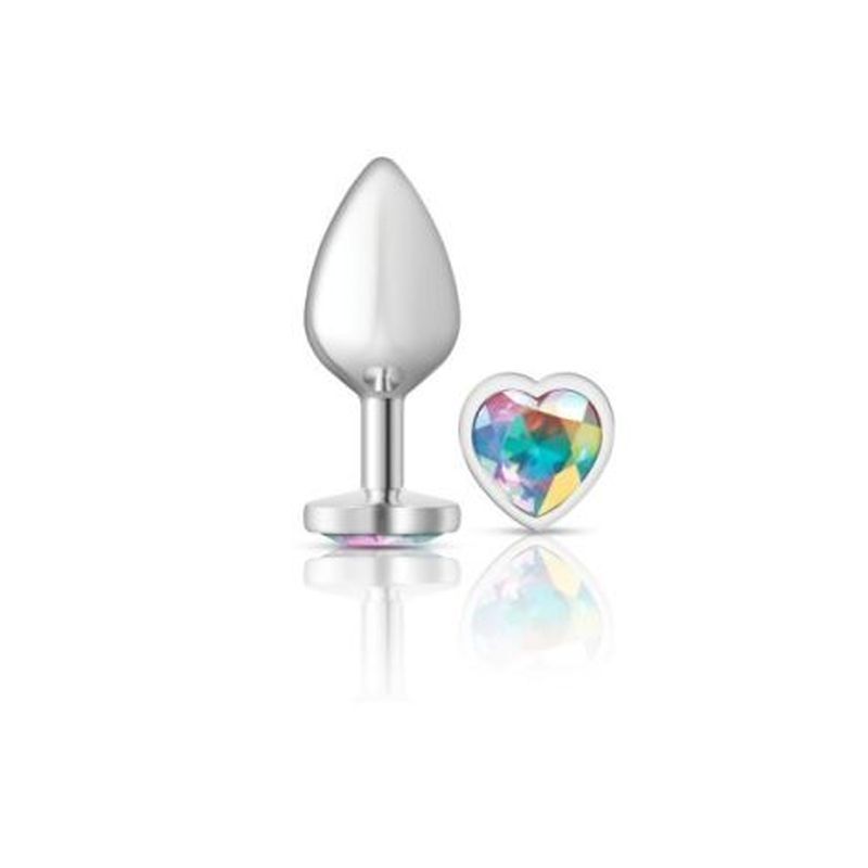 Cheeky Charms Silver Metal Butt Plug w Heart Clear Jewel Medium-VB-CC9127-M