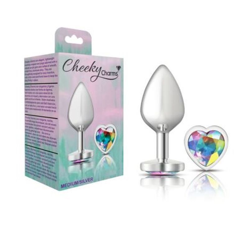 Cheeky Charms Silver Metal Butt Plug w Heart Clear Jewel Medium-VB-CC9127-M