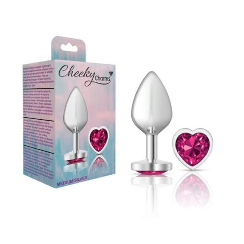 Cheeky Charms Silver Metal Butt Plug w Heart Pink Jewel Medium-VB-CC9130-M