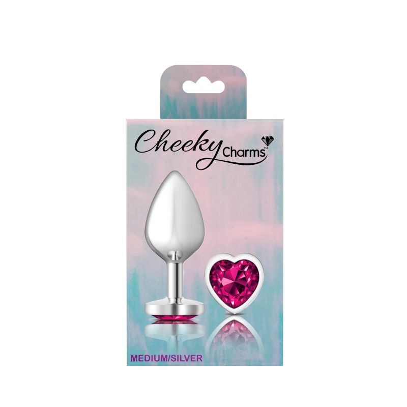 Cheeky Charms Silver Metal Butt Plug w Heart Pink Jewel Medium-VB-CC9130-M