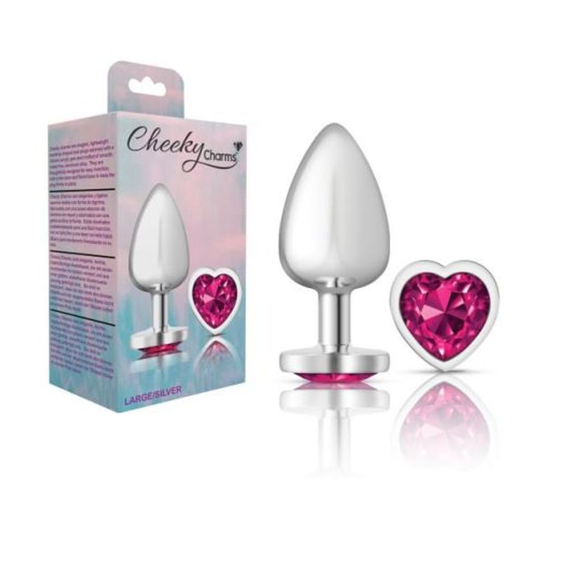 Cheeky Charms Silver Metal Butt Plug w Heart Pink Jewel Large-VB-CC9131-L