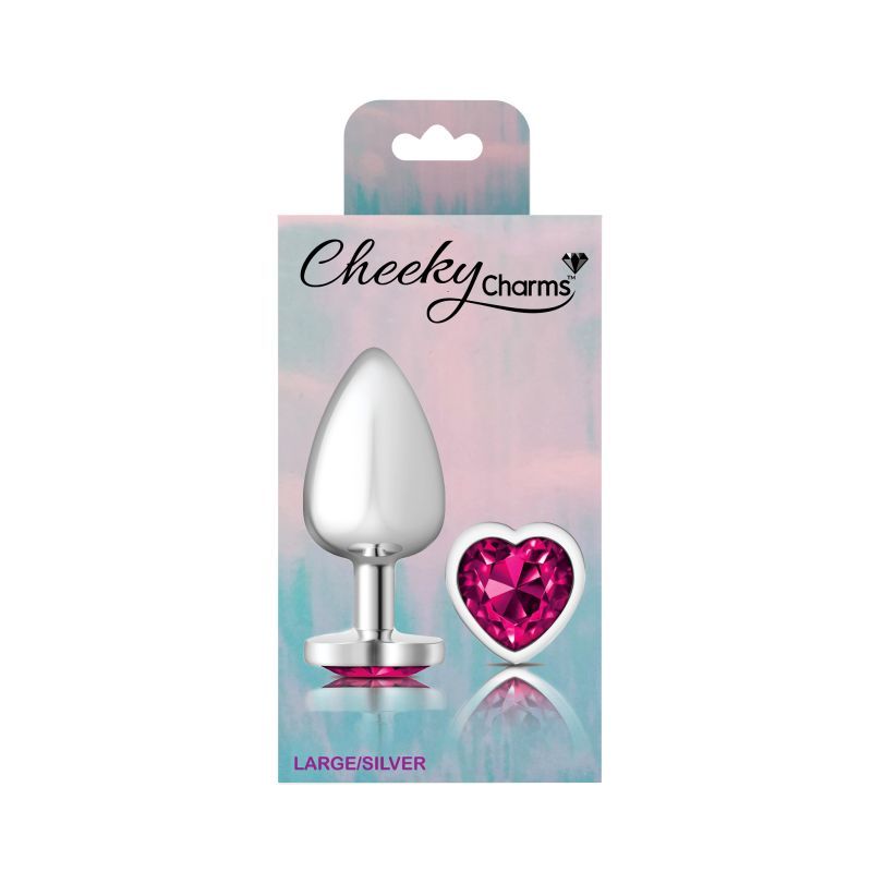 Cheeky Charms Silver Metal Butt Plug w Heart Pink Jewel Large-VB-CC9131-L