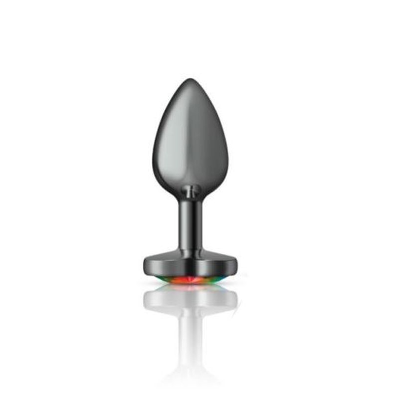 Cheeky Charms Gunmetal Butt Plug w Heart Rainbow Jewel Small-VB-CC9132-S