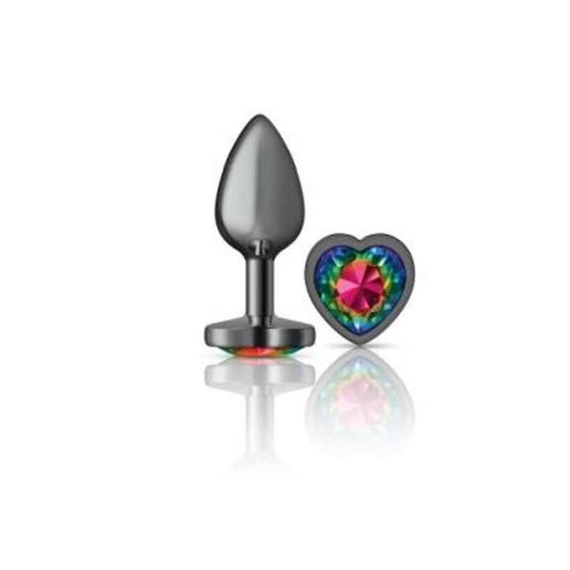 Cheeky Charms Gunmetal Butt Plug w Heart Rainbow Jewel Small-VB-CC9132-S