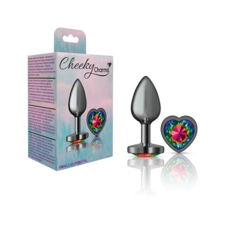 Cheeky Charms Gunmetal Butt Plug w Heart Rainbow Jewel Small-VB-CC9132-S