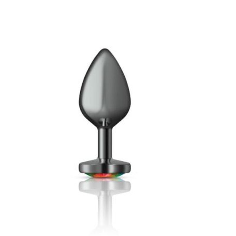 Cheeky Charms Gunmetal Butt Plug w Heart Rainbow Jewel Medium-VB-CC9133-M