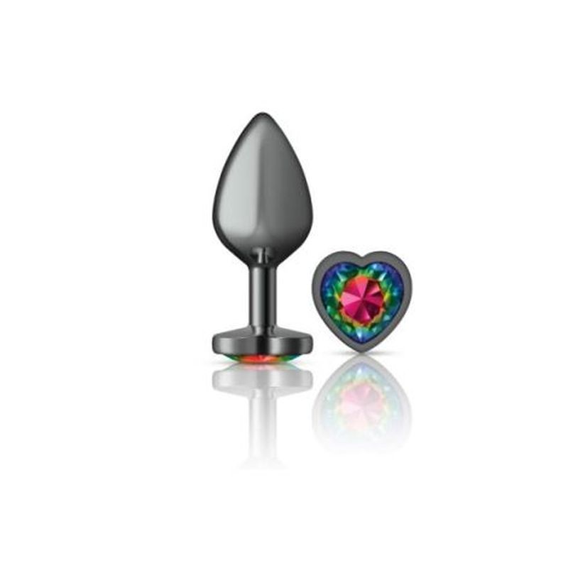 Cheeky Charms Gunmetal Butt Plug w Heart Rainbow Jewel Medium-VB-CC9133-M