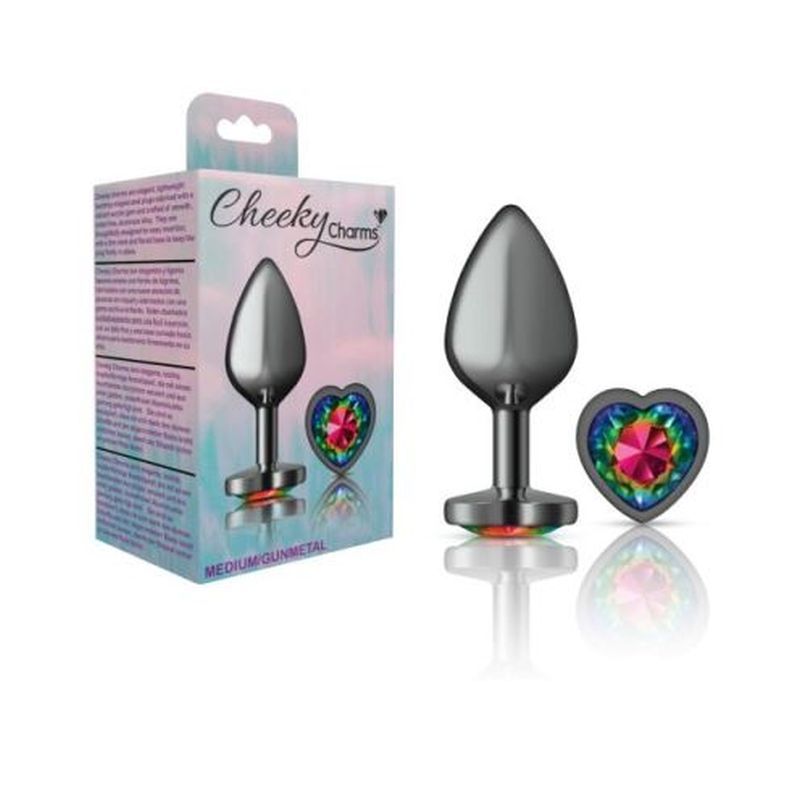 Cheeky Charms Gunmetal Butt Plug w Heart Rainbow Jewel Medium-VB-CC9133-M