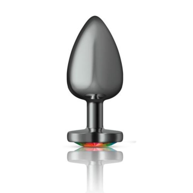 Cheeky Charms Gunmetal Butt Plug w Heart Rainbow Jewel Large-VB-CC9134-L