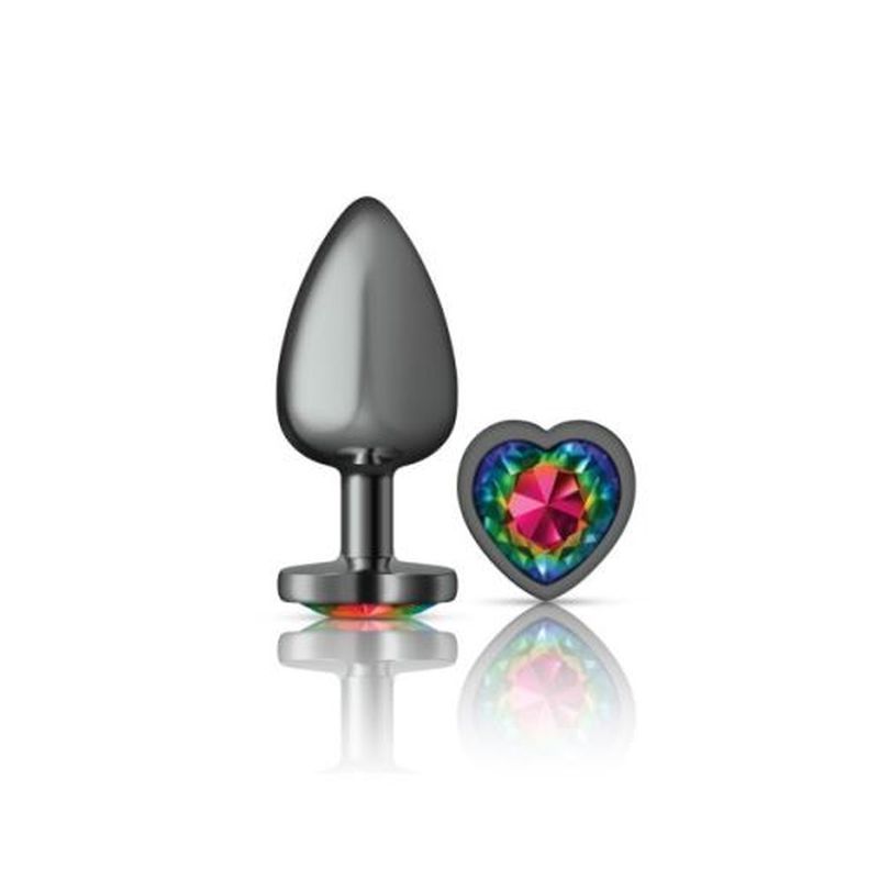 Cheeky Charms Gunmetal Butt Plug w Heart Rainbow Jewel Large-VB-CC9134-L