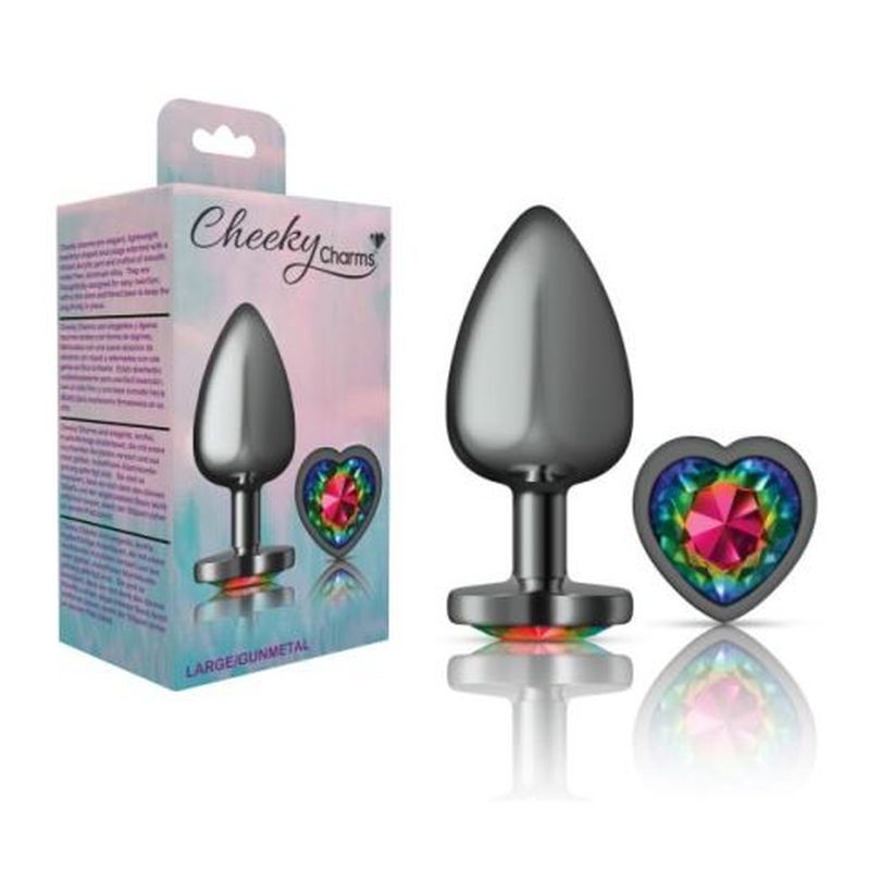 Cheeky Charms Gunmetal Butt Plug w Heart Rainbow Jewel Large-VB-CC9134-L