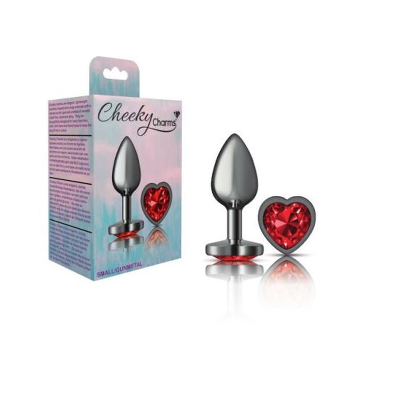 Cheeky Charms Gunmetal Butt Plug w Heart Red Jewel Small-VB-CC9135-S