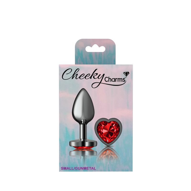 Cheeky Charms Gunmetal Butt Plug w Heart Red Jewel Small-VB-CC9135-S