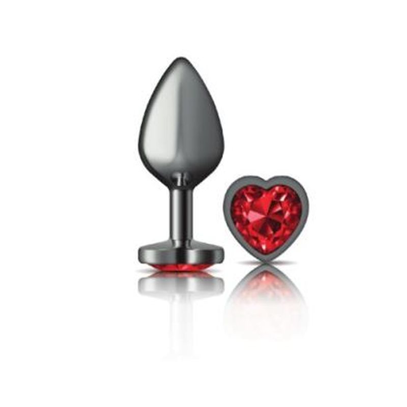 Cheeky Charms Gunmetal Butt Plug w Heart Red Jewel Medium-VB-CC9136-M