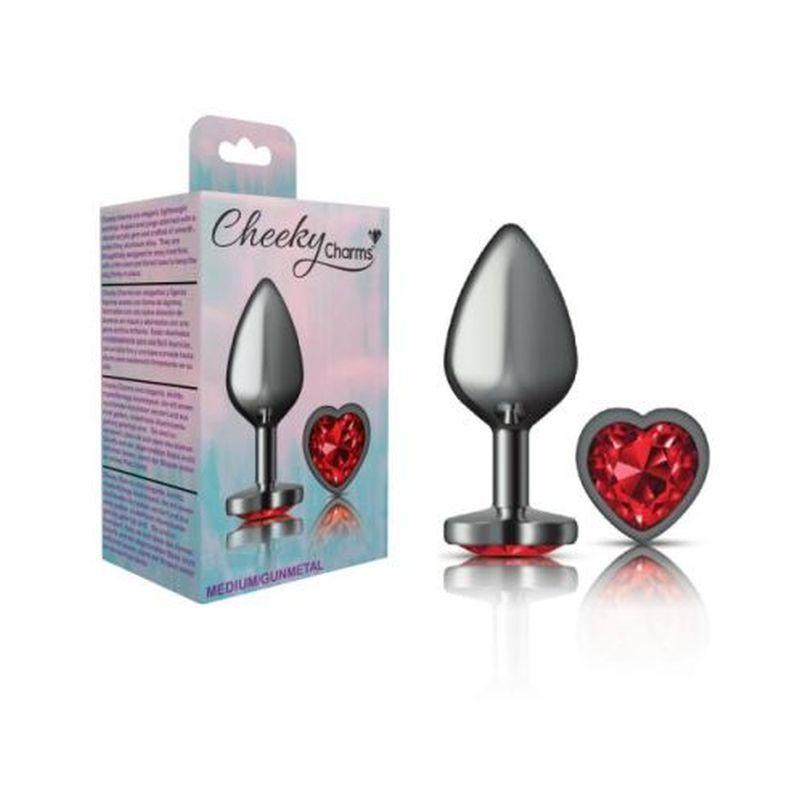 Cheeky Charms Gunmetal Butt Plug w Heart Red Jewel Medium-VB-CC9136-M