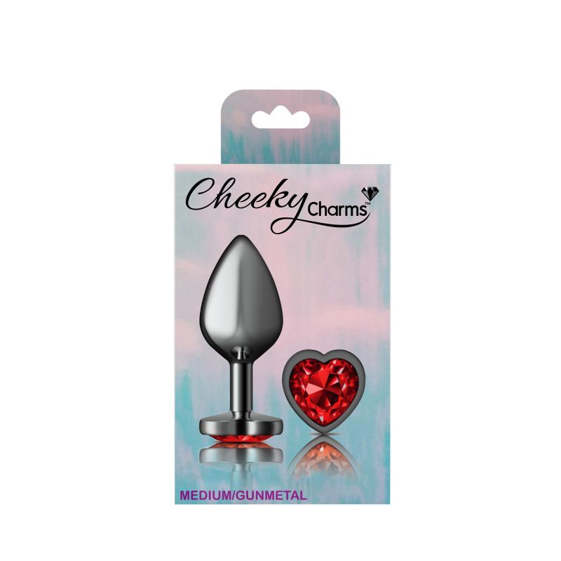 Cheeky Charms Gunmetal Butt Plug w Heart Red Jewel Medium-VB-CC9136-M
