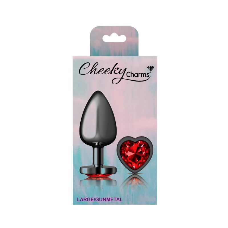 Cheeky Charms Gunmetal Butt Plug w Heart Red Jewel Large-VB-CC9137-L
