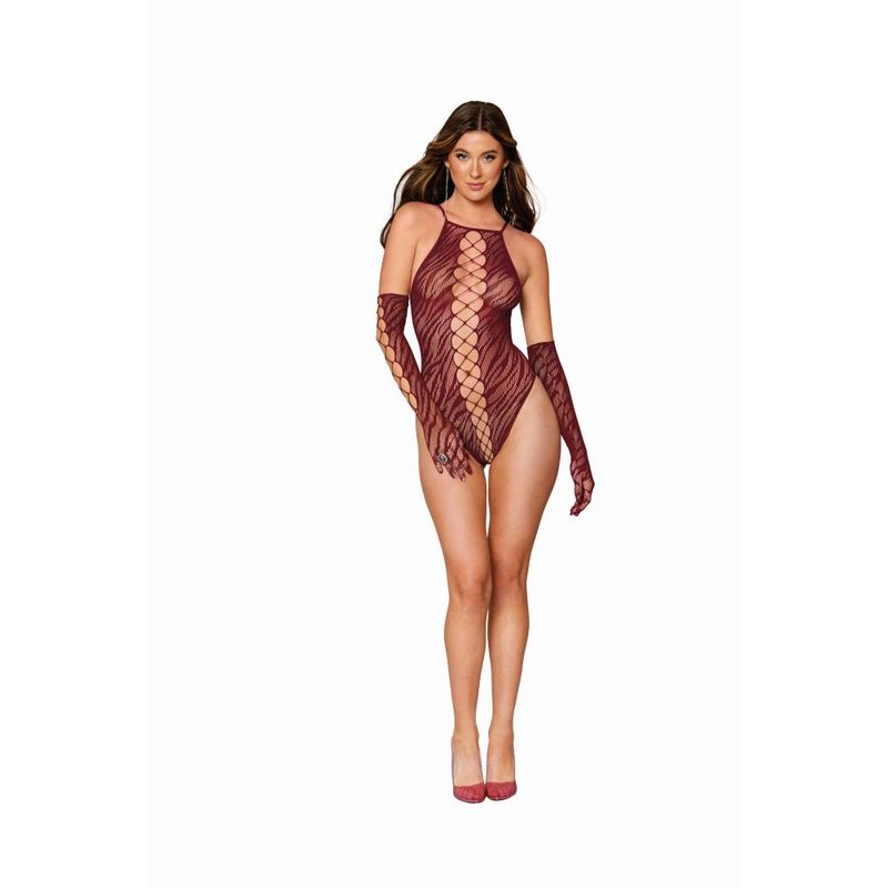Dreamgirl Teddy w Gloves Burgundy-12809-BUR-O/S