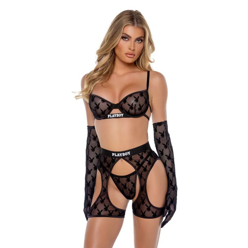 Playboy Flocked Bunny Chaps 3 Pc Set Black-PBLI160-BLK-XS