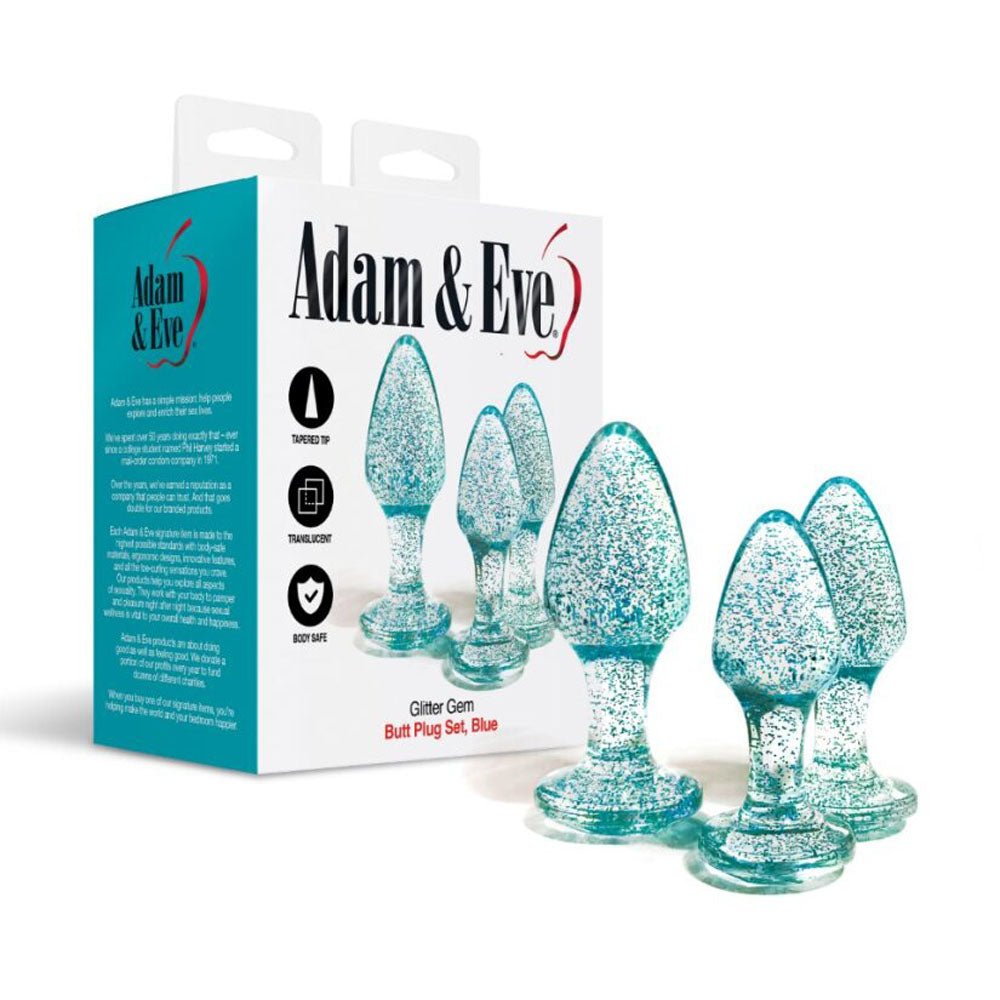 Adam & Eve Glitter Gem 3-Piece Butt Plug Set - Blue - Glitter Blue Butt Plugs - Set of 3 Sizes - Silk and Sin