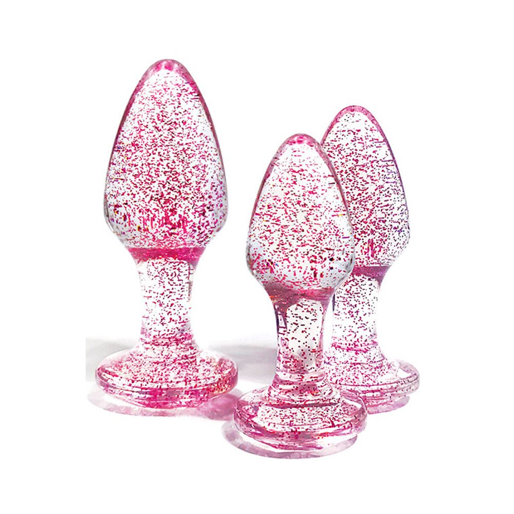 Adam & Eve Glitter Gem 3-Piece Butt Plug Set - Pink - Glitter Pink Butt Plugs - Set of 3 Sizes - Silk and Sin