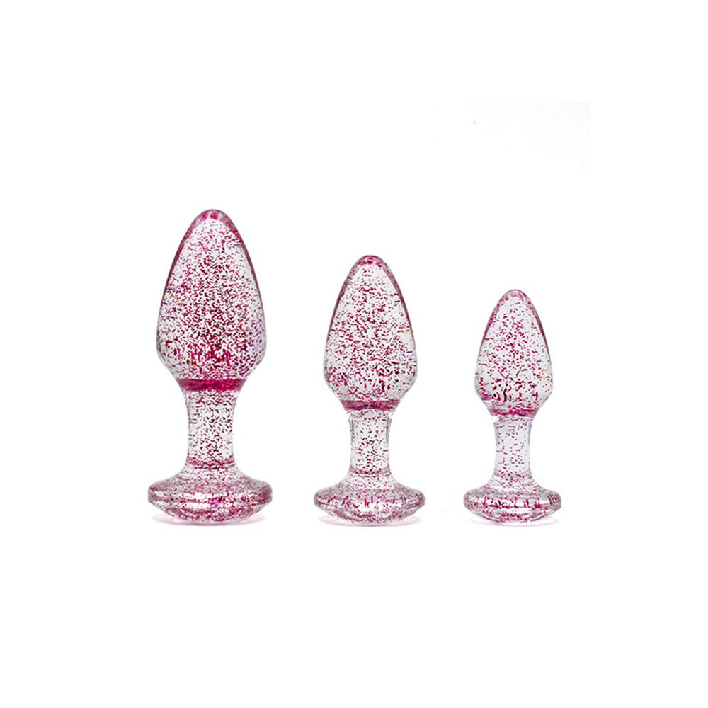 Adam & Eve Glitter Gem 3-Piece Butt Plug Set - Pink - Glitter Pink Butt Plugs - Set of 3 Sizes - Silk and Sin