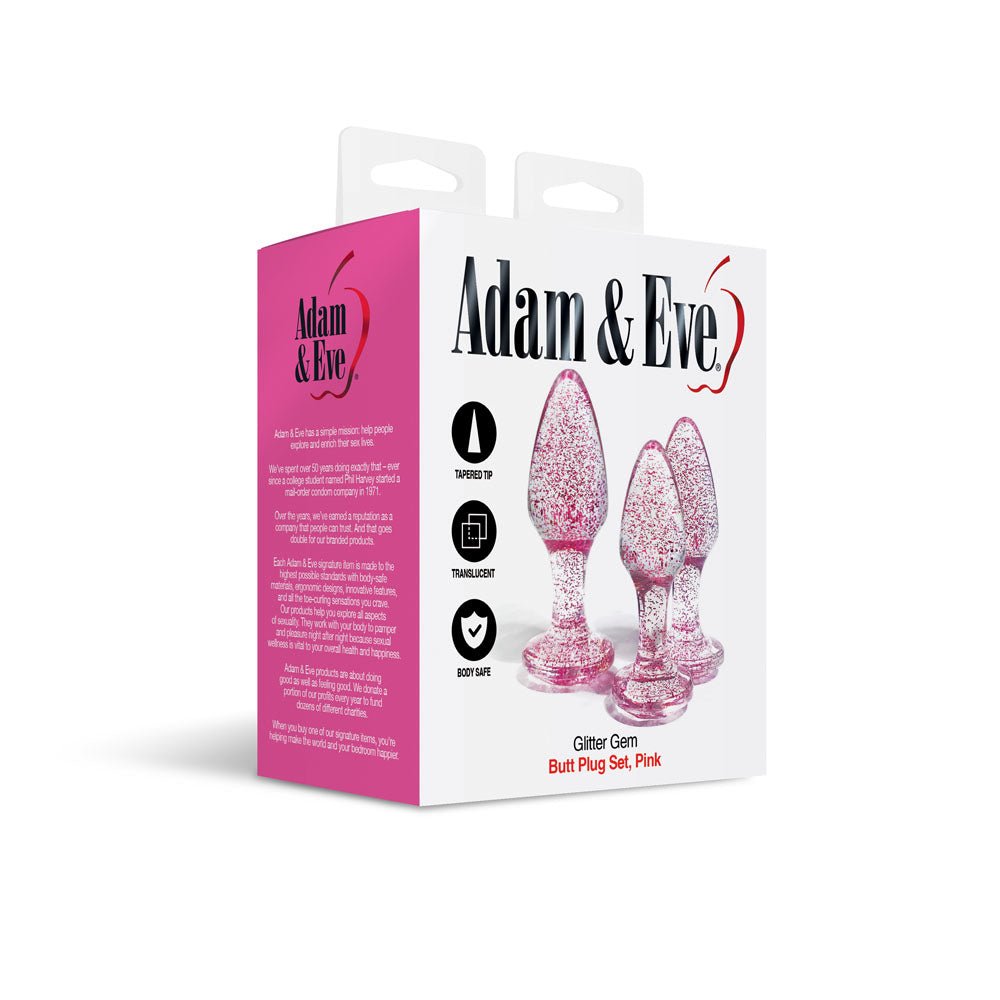 Adam & Eve Glitter Gem 3-Piece Butt Plug Set - Pink - Glitter Pink Butt Plugs - Set of 3 Sizes - Silk and Sin