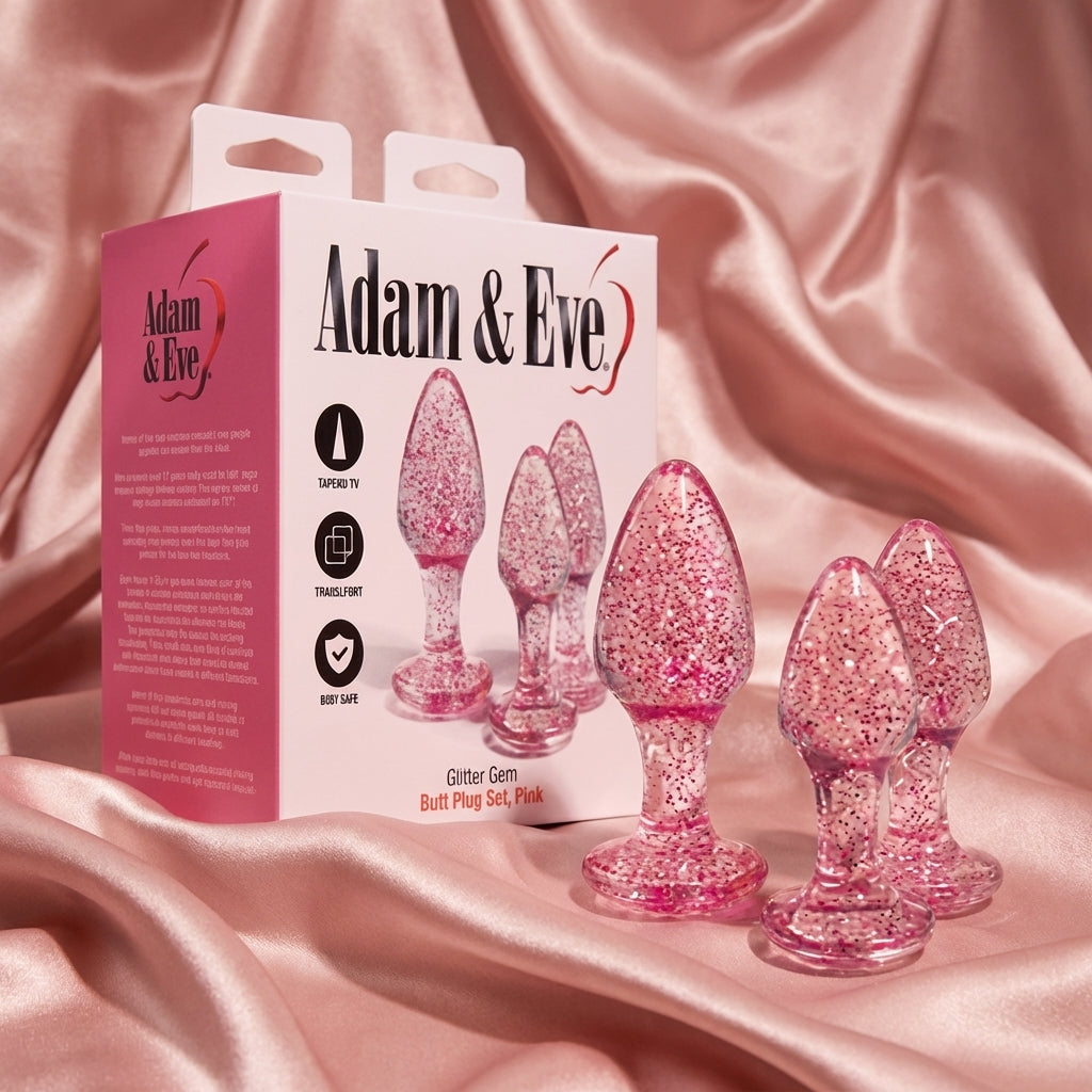 Adam & Eve Glitter Gem 3-Piece Butt Plug Set - Pink - Glitter Pink Butt Plugs - Set of 3 Sizes - Silk and Sin