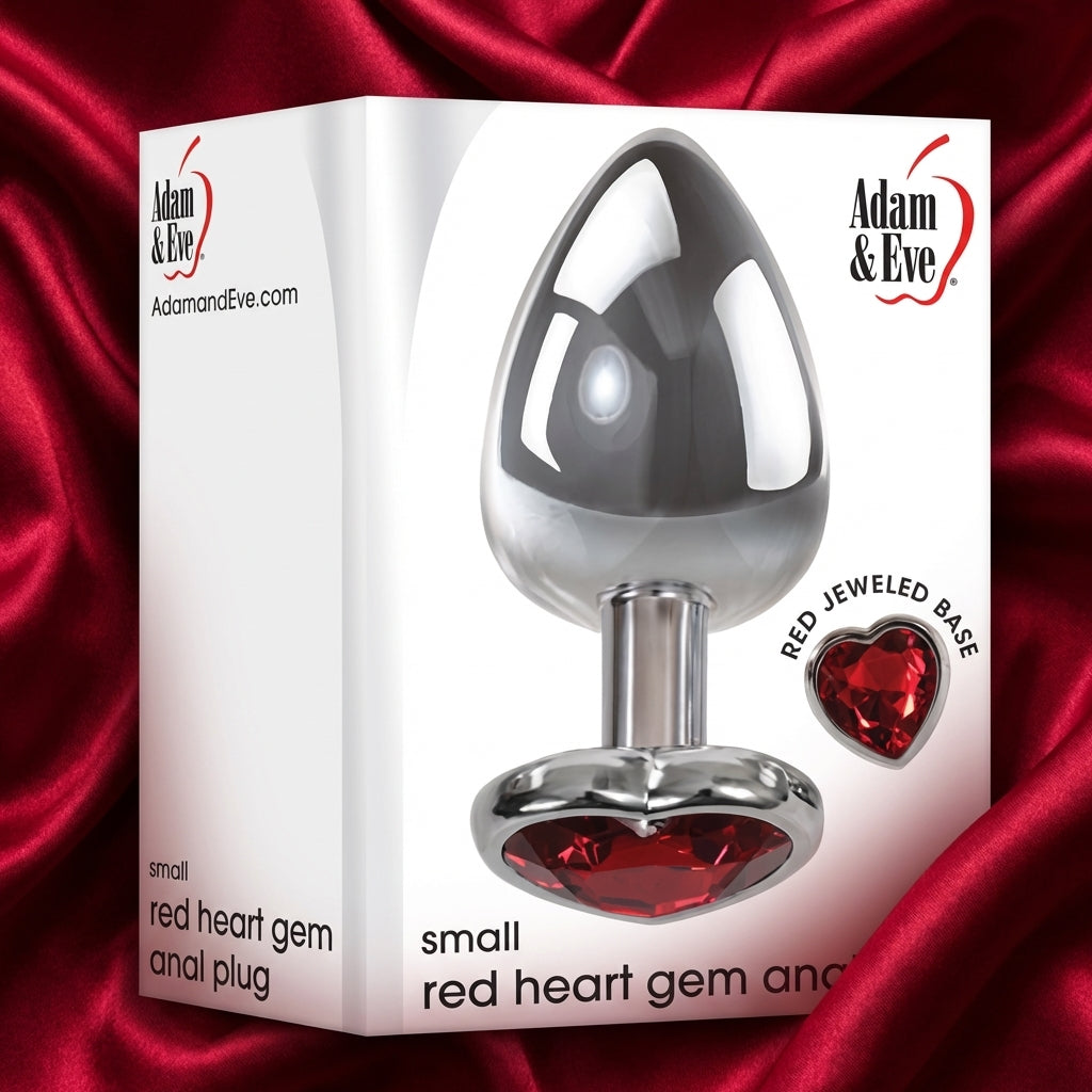 Adam & Eve Red Heart Gen Anal Plug - Small - Metallic 7.1 cm Butt Plug with Heart Gem Base - Silk and Sin