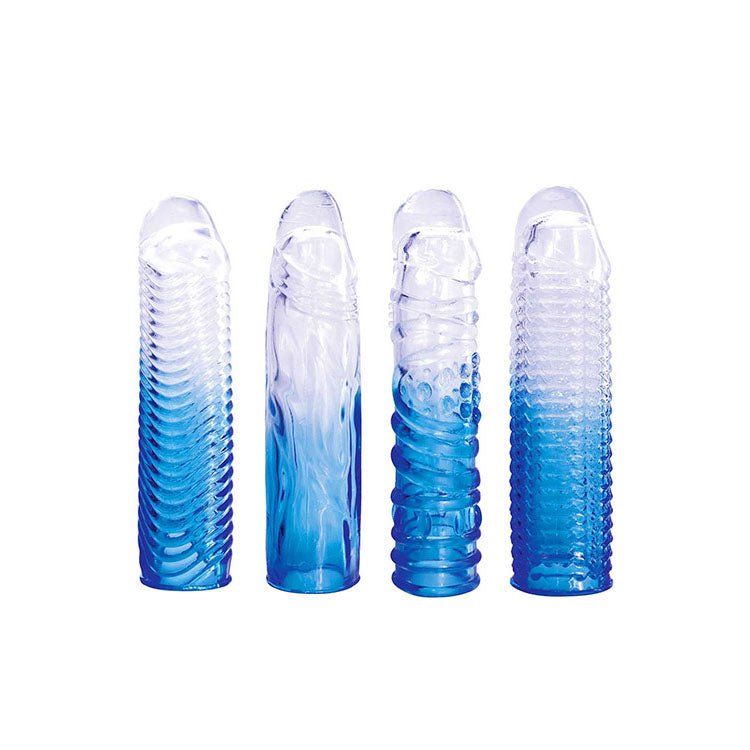 Adam & Eve SAPPHIRE Sleeve Set - Blue Clear Penis Sleeve Set - Set of 4 - silkandsin