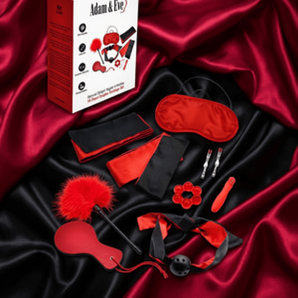 Adam & Eve SENSUAL SCARLET NIGHTS - Black/Red Couples Bondage Kit - Set of 10 Pieces - Silk and Sin