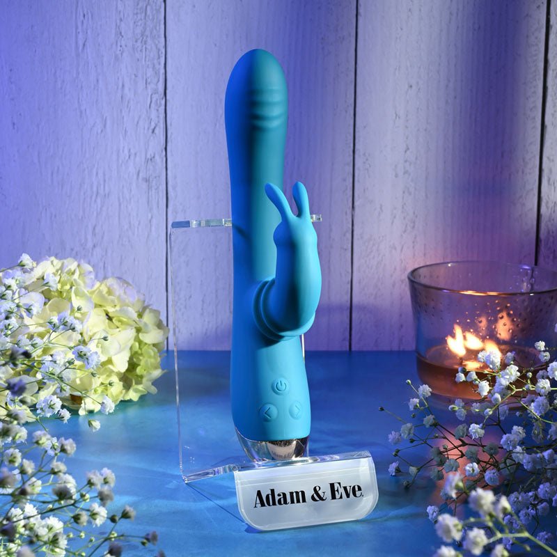 Adam & Eve SHIMMY & SHAKE VELVET RABBIT - Blue 22.4 cm USB Rechargeable Rabbit Vibrator - Silk and Sin