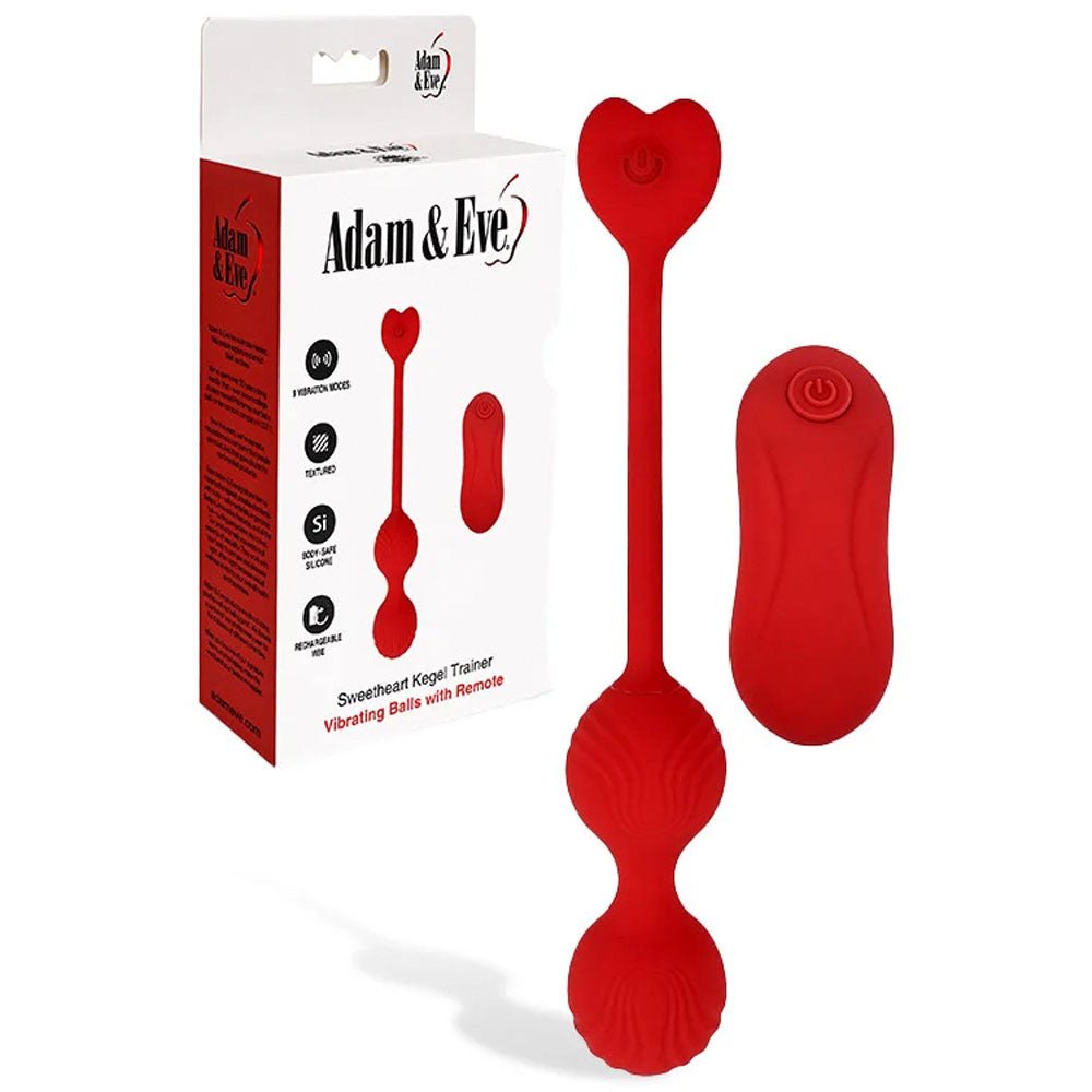 Adam & Eve SWEETHEART Kegel Trainer - Red USB Rechargeable Vibrating Kegel Balls with Remote - Silk and Sin