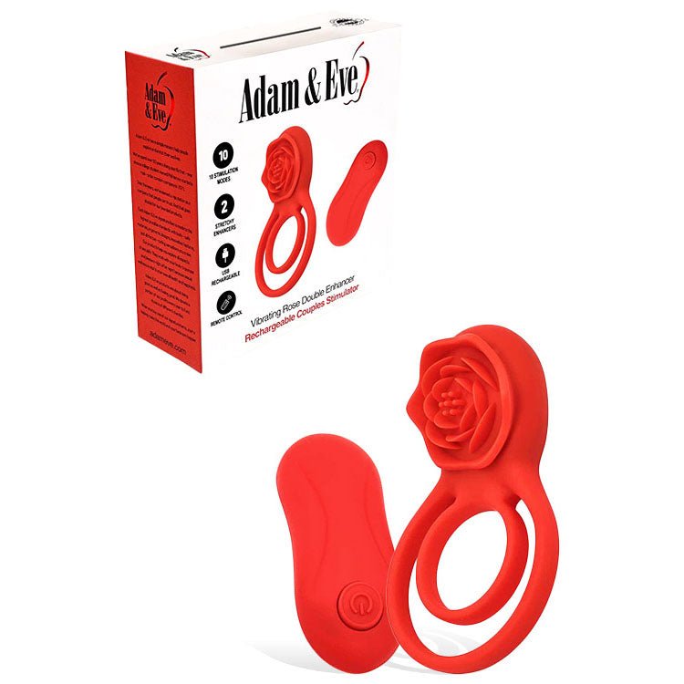 Adam & Eve VIBRATING ROSE DOUBLE ENHANCER - Red USB Rechargeable Cock & Balls Ring with Remote - Silk and Sin