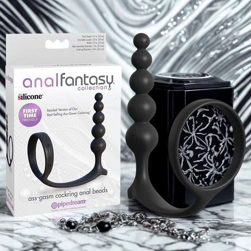 Anal Fantasy Collection Ass - Gasm Cockring Anal Beads - Black Cock Ring with Anal Plug - silkandsin