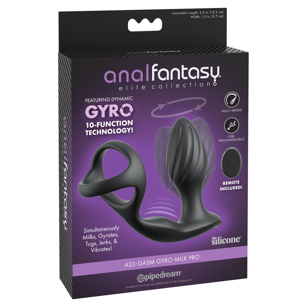 Anal Fantasy Elite Ass - Gasm Gyro - Milk Pro - Black USB Rechargeable Gyrating Butt Plug with Cock Ring - silkandsin