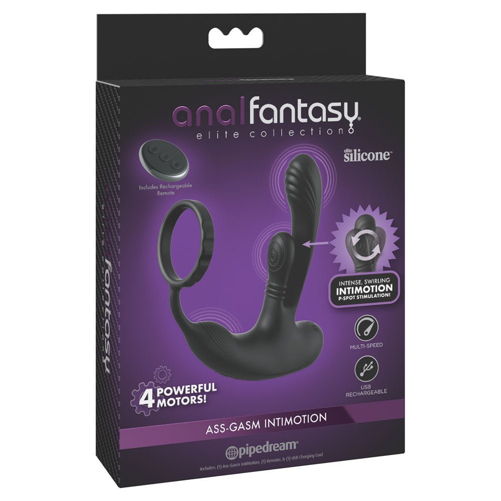 Anal Fantasy Elite Ass-Gasm intiMotion - Black USB Rechargeable Quad Motor Prostate Massager with Remote - Silk and Sin