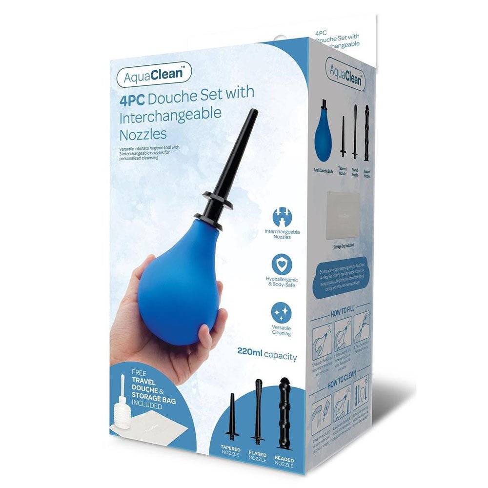 AquaClean 4 Piece Douche Set with Interchangeable Nozzles - 220 ml Capacity with Free Travel Douche Included - Silk and Sin