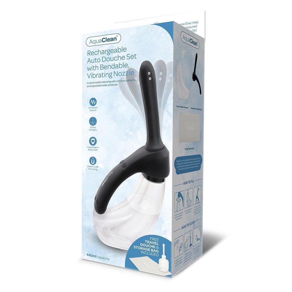 AquaClean Rechargeable Auto Douche Set with Bendable Vibrating Nozzle - 440 ml Capacity with Free Travel Douche Included - Silk and Sin
