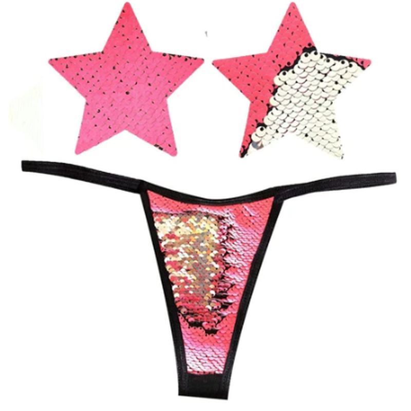 Bitchin Neon Pink and Silver Blacklight Sequin Pastie and Panty Set - Silk and Sin