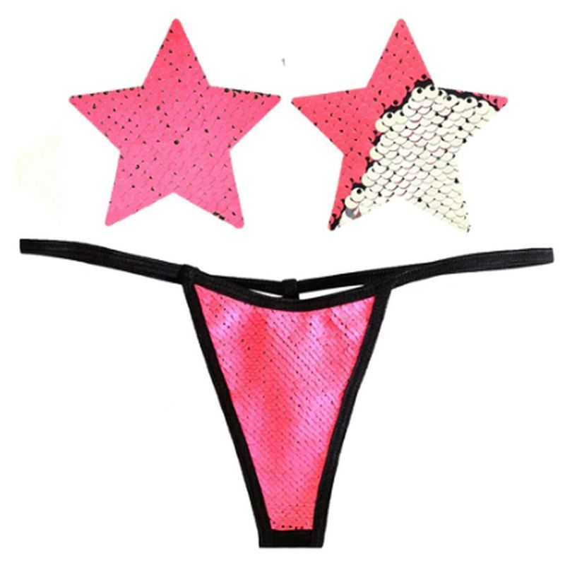 Bitchin Neon Pink and Silver Blacklight Sequin Pastie and Panty Set - Silk and Sin