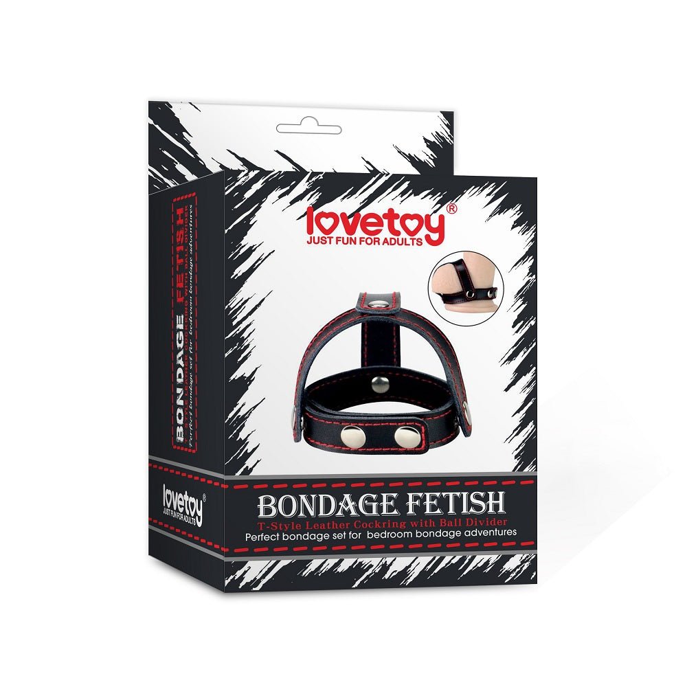 Bondage Fetish T-Style Leather Cock Ring with Ball Divider - Black Cock Ring - Silk and Sin