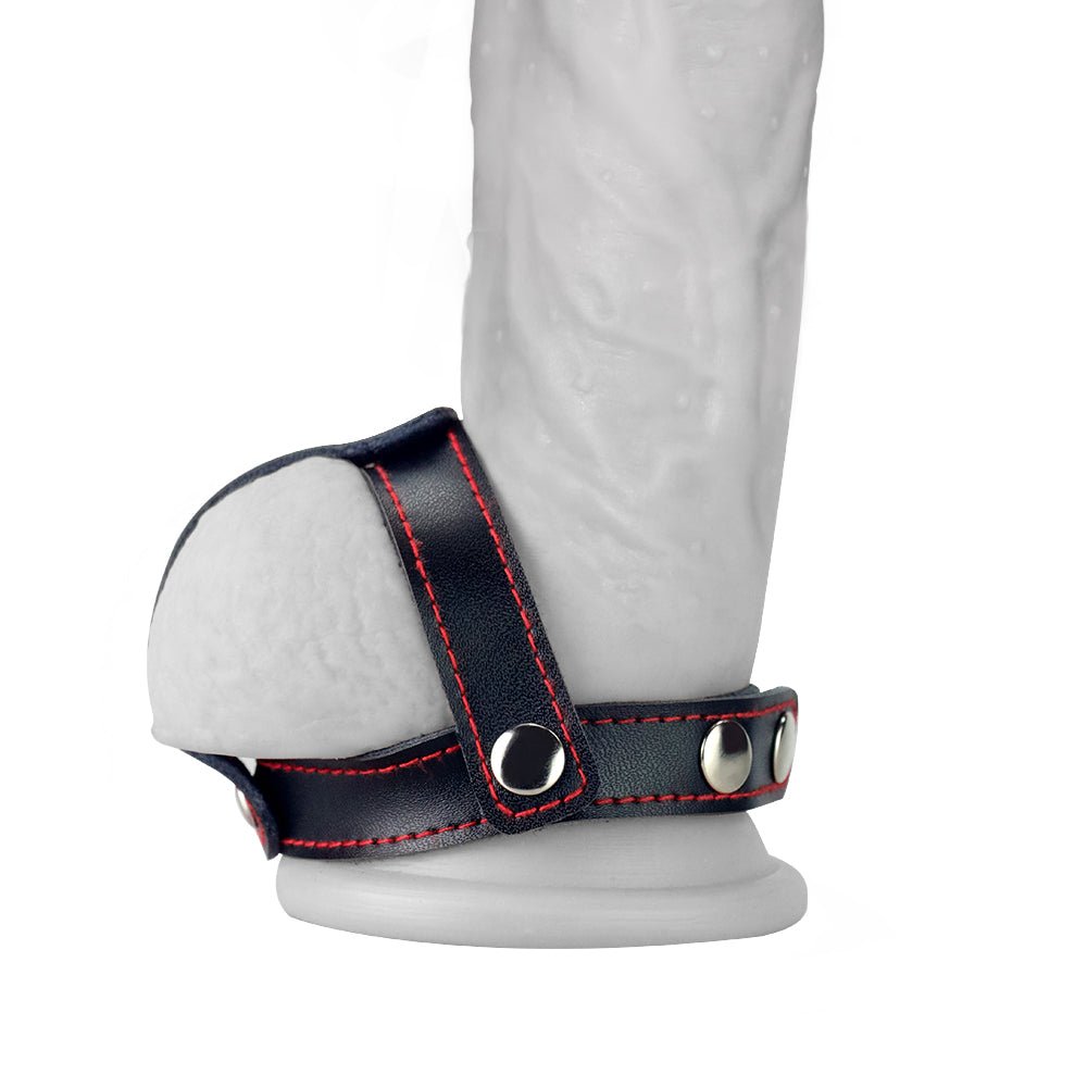 Bondage Fetish T-Style Leather Cock Ring with Ball Divider - Black Cock Ring - Silk and Sin