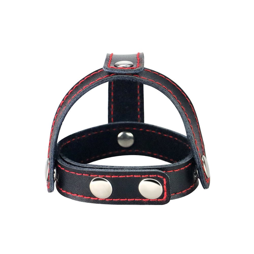 Bondage Fetish T-Style Leather Cock Ring with Ball Divider - Black Cock Ring - Silk and Sin