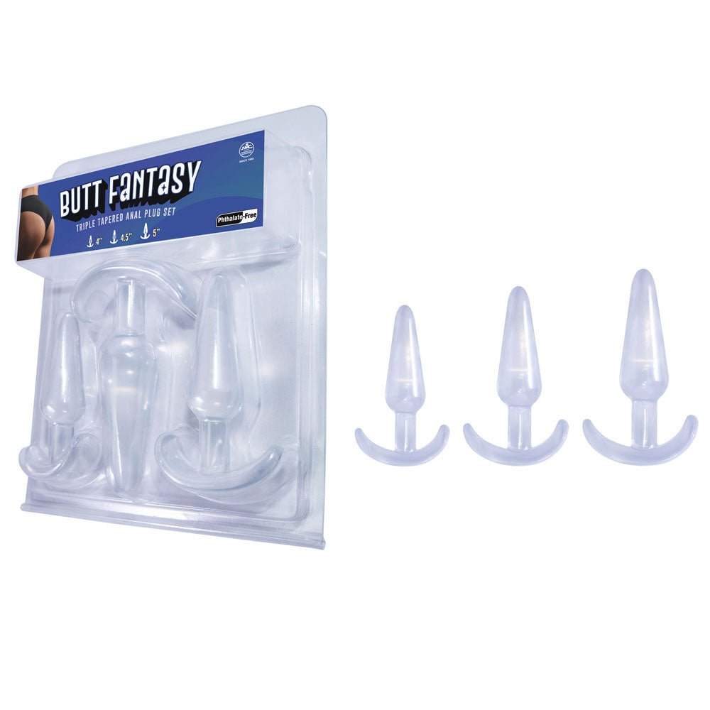 Butt Fantasy Triple Tapered Anal Plug Set - Clear - Clear Beginners Butt Plugs - Set of 3 Sizes - Silk and Sin