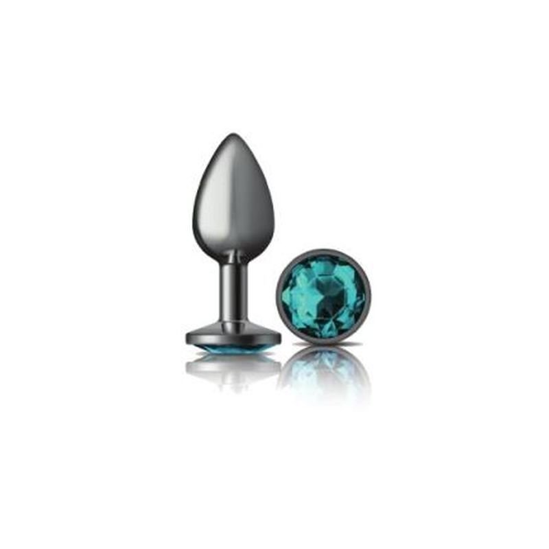 Cheeky Charms Gunmetal Round Butt Plug w Teal Jewel Small - Silk and Sin